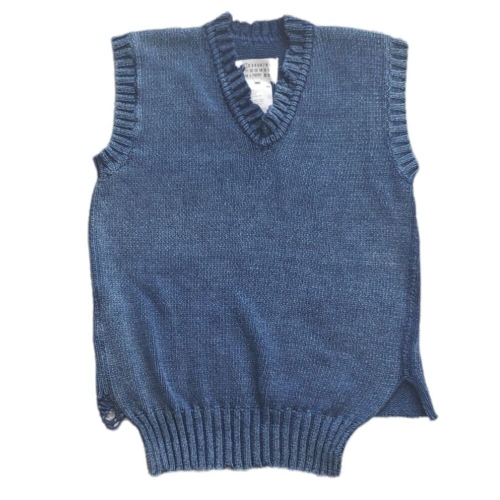 Maison Margiela Blue Distressed Cotton Knit Sweater Vest S